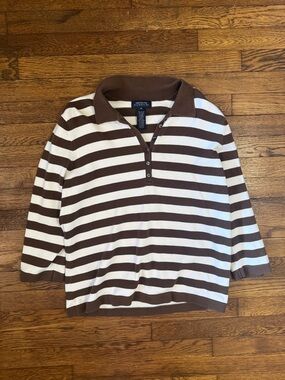 Jones New York Signature Brown and White Striped Polo Cardigan